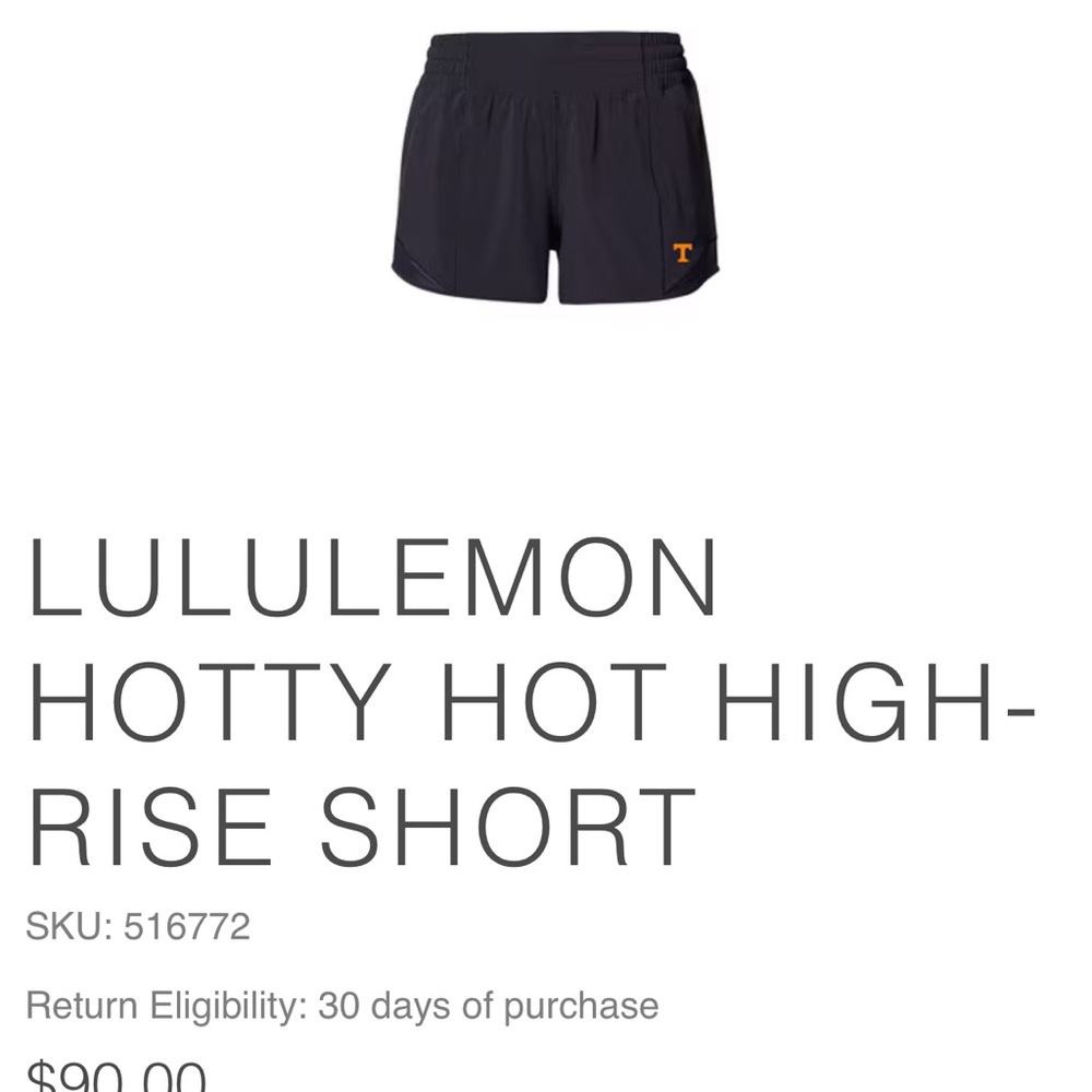 TENNESSEE X LULULEMON HOTTY HOT HIGH-RISE SHORT 4in Black size 8 - Picture 2 of 7